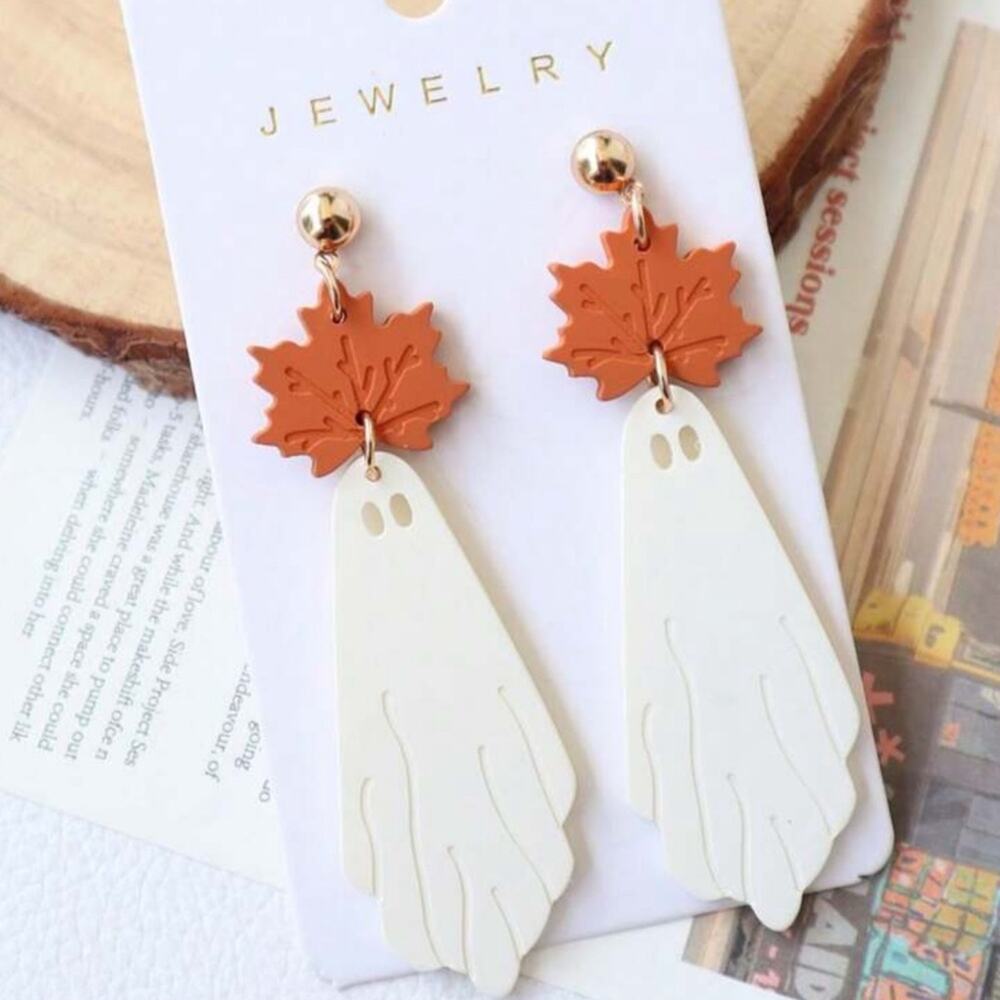 Maple Leaf Ghost Earrings in Cream and Brown